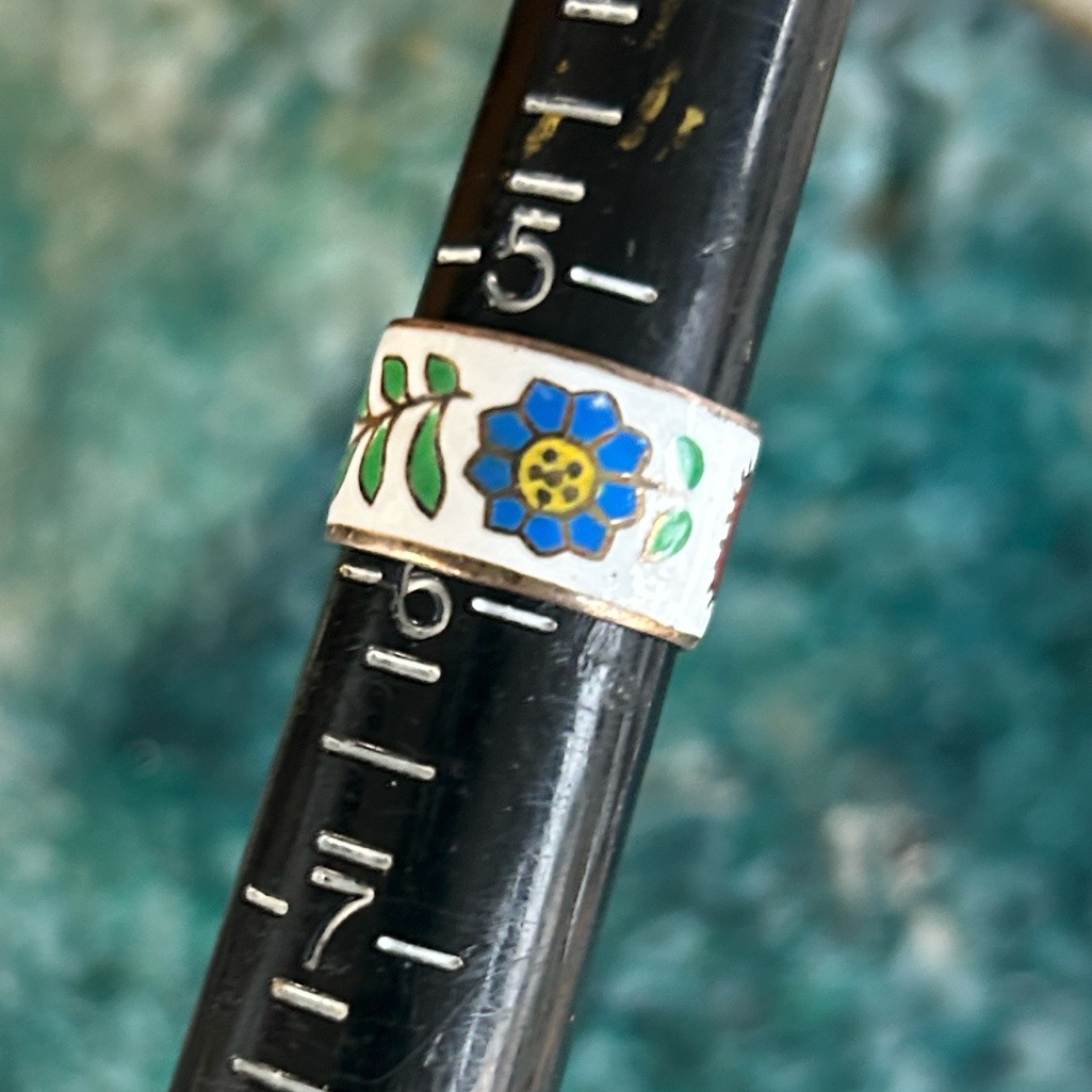 Vintage Siam Wide Band Sterling Silver Enamel Floral Ring